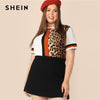 SHEIN Plus Size Cut And Sew Striped Leopard Top Women 2019 Summer Colorblock Casual Round Neck Tee Highstreet Weekend T-shirt