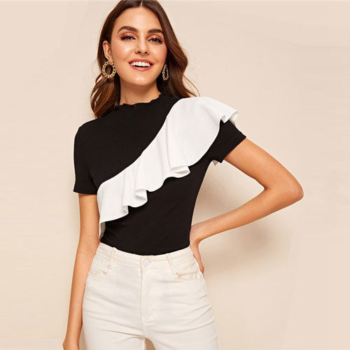 SHEIN Mock Neck Flounce Trim Two Tone T Shirt Women Stand Collar Short Sleeve Slim Fit Tshirt Elegant Summer Ladies Tops