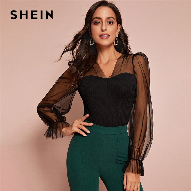 SHEIN Black V-Neck Contrast Mesh Sleeve Ribbed-Knit Elegant Top Women Autumn Flounce Sleeve Sheer Form Fitted Solid T-shirts