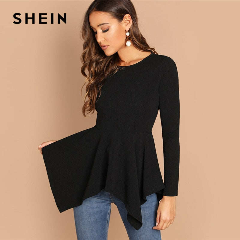 SHEIN Asymmetrical Hem Peplum Tee Elegant Plain Long Sleeve Round Neck Tops Women Autumn Minimalist Workwear T-shirt