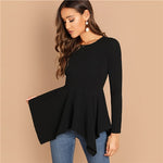 SHEIN Asymmetrical Hem Peplum Tee Elegant Plain Long Sleeve Round Neck Tops Women Autumn Minimalist Workwear T-shirt