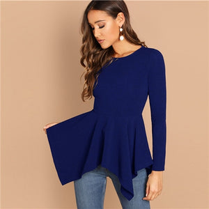 SHEIN Asymmetrical Hem Peplum Tee Elegant Plain Long Sleeve Round Neck Tops Women Autumn Minimalist Workwear T-shirt