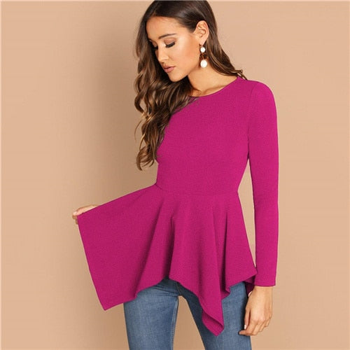 SHEIN Asymmetrical Hem Peplum Tee Elegant Plain Long Sleeve Round Neck Tops Women Autumn Minimalist Workwear T-shirt