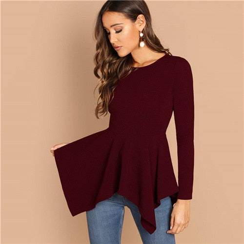 SHEIN Asymmetrical Hem Peplum Tee Elegant Plain Long Sleeve Round Neck Tops Women Autumn Minimalist Workwear T-shirt