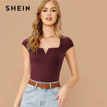 SHEIN Notched Neckline Solid Slim Tee Women 2020 Summer Elegant Office Lady T-Shirt Cap Sleeve Stretchy Skinny Tshirts