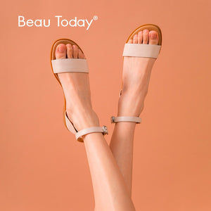 BeauToday Flat Sandals Women Genuine Cow Leather Ankle Strap Cover Heel Gladiator Ladies Summer Casual Shoes Handmade 32097