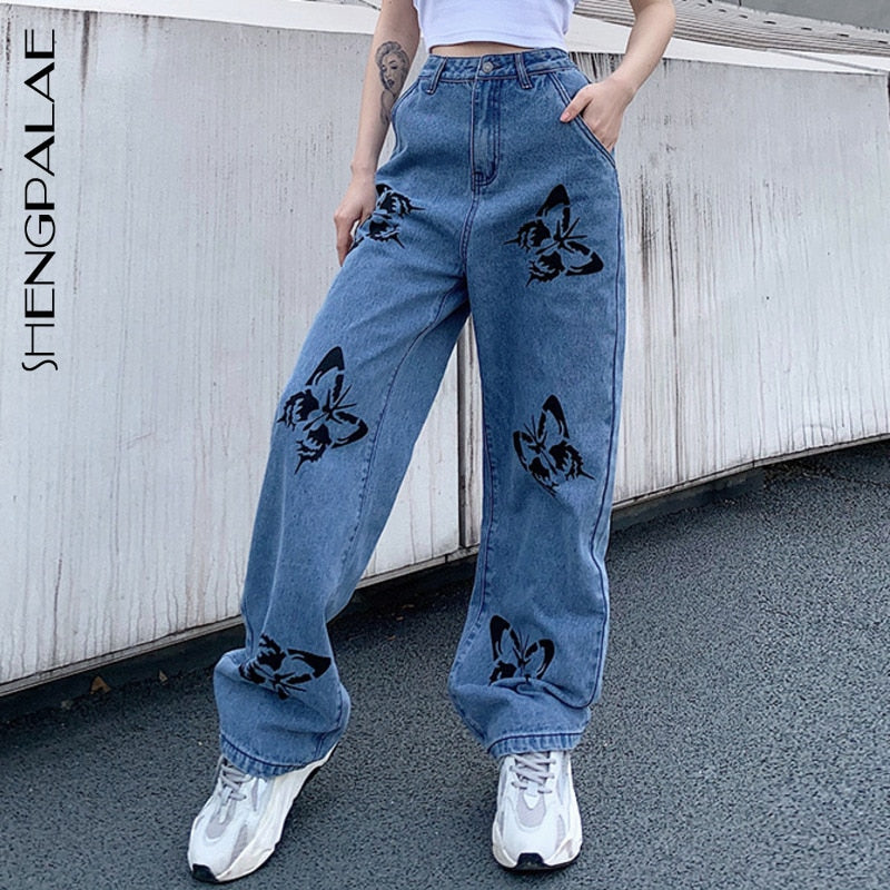 SHENGPALAE 2020 New Summer Vintage Jeans Woman,Loose Streetwear Butterfly Print Pants 10