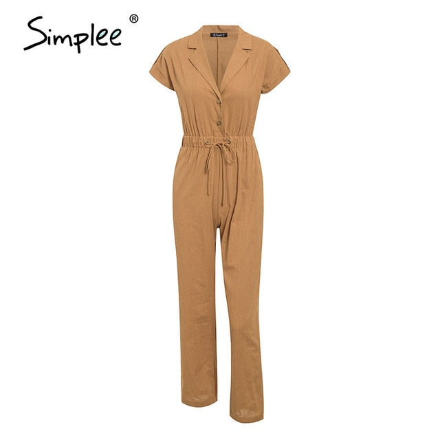 Simplee Buttons wide leg female playsuits romper Spring summer office ladies overalls Casual high waist lace up women jumpsuits