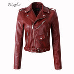 Fitaylor Women Wine Red Faux Leather Jackets Lady Pu Leather Jacket Bomber Motorcycle Biker Pink Black Outerwear With Belt