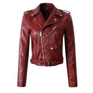 Fitaylor Women Wine Red Faux Leather Jackets Lady Pu Leather Jacket Bomber Motorcycle Biker Pink Black Outerwear With Belt