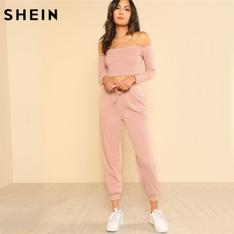 SHEIN Women 2 Piece Set Top and Pants Casual Woman Set Off the Shoulder Crop Bardot Top and Drawstring Pants Set