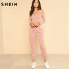 SHEIN Women 2 Piece Set Top and Pants Casual Woman Set Off the Shoulder Crop Bardot Top and Drawstring Pants Set