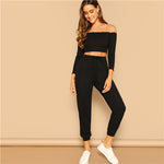 SHEIN Women 2 Piece Set Top and Pants Casual Woman Set Off the Shoulder Crop Bardot Top and Drawstring Pants Set