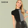 SHEIN Black and White Plaid Casual Round Neck Short Sleeve Colorblock Tee Summer Women Elegant T-shirt Top