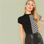 SHEIN Black and White Plaid Casual Round Neck Short Sleeve Colorblock Tee Summer Women Elegant T-shirt Top