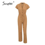 Simplee Casual high waist lace up women jumpsuits Buttons wide leg female playsuits romper Spring summer office ladies overalls