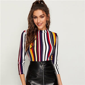 SHEIN Multicolor Mock-neck Form Fitted Striped Top Slim T Shirt Women Autumn 3/4 Length Sleeve Elegant Office Lady Tshirt Tops