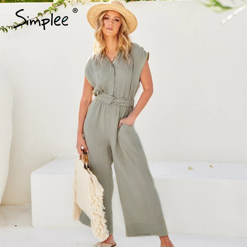 Simplee V-neck women jumpsuit romper Elegant sash belt female long jumpsuit Casual streetwear solid office ladies jumpsuit