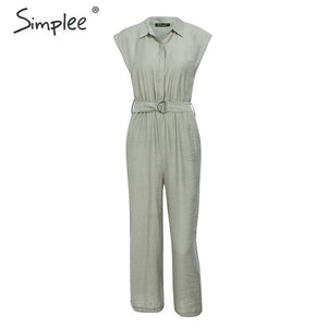 Simplee V-neck women jumpsuit romper Elegant sash belt female long jumpsuit Casual streetwear solid office ladies jumpsuit