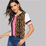 SHEIN Color Block Cut-and-Sew Leopard Panel Top Short Sleeve O-Neck Casual T Shirt Women 2019 Summer Leisure Ladies Tshirt Tops