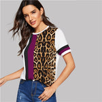 SHEIN Color Block Cut-and-Sew Leopard Panel Top Short Sleeve O-Neck Casual T Shirt Women 2019 Summer Leisure Ladies Tshirt Tops