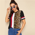 SHEIN Color Block Cut-and-Sew Leopard Panel Top Short Sleeve O-Neck Casual T Shirt Women 2019 Summer Leisure Ladies Tshirt Tops