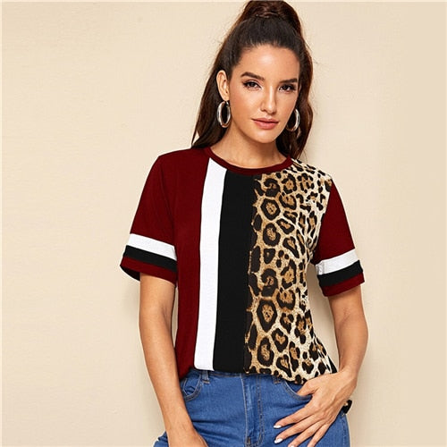 SHEIN Color Block Cut-and-Sew Leopard Panel Top Short Sleeve O-Neck Casual T Shirt Women 2019 Summer Leisure Ladies Tshirt Tops