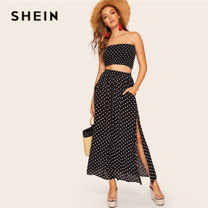 SHEIN Boho Polka Dot Shirred Bandeau Top And Maxi Skirt Set Women Summer HighStreet Black Crop Bandrau Maxi Skirt Twopiece