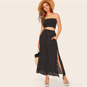 SHEIN Boho Polka Dot Shirred Bandeau Top And Maxi Skirt Set Women Summer HighStreet Black Crop Bandrau Maxi Skirt Twopiece