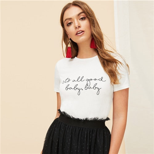 SHEIN White Slogan Letter Print Solid Slim Fitted Tee Short Sleeve Round Neck T Shirt Women Summer 2019 Casual T-shirt Tops