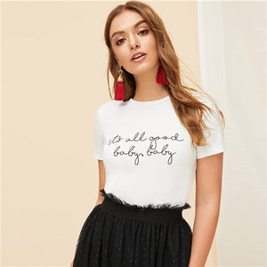 SHEIN White Slogan Letter Print Solid Slim Fitted Tee Short Sleeve Round Neck T Shirt Women Summer 2019 Casual T-shirt Tops