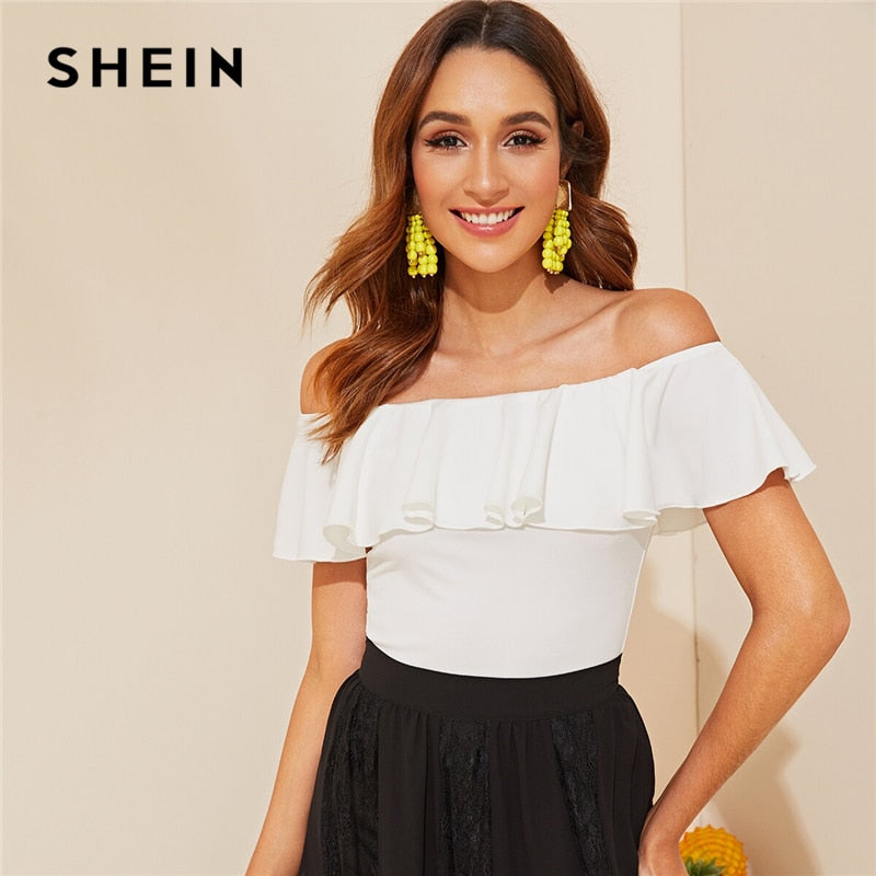 SHEIN Elegant White Flounce Off Shoulder Fitted Top Solid T Shirt Women Summer Sleeveless Basics Slim Tshirt Tops