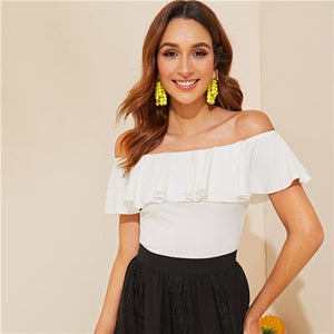 SHEIN Elegant White Flounce Off Shoulder Fitted Top Solid T Shirt Women Summer Sleeveless Basics Slim Tshirt Tops