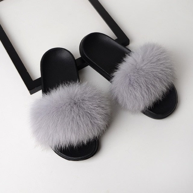 SARSALLYA Fur Slippers Women Real Fox Fur Slides Home Furry Flat Sandals Female Cute Fluffy House Shoes Woman Brand Luxury 2020