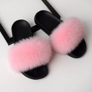 Cute Pink Real fur fox Slippers Slides Sandals flat Flip Flops
