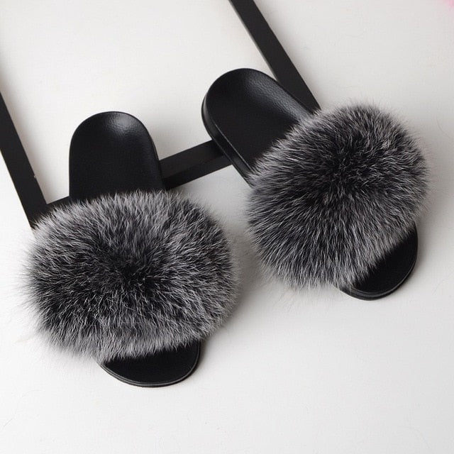 SARSALLYA Fur Slippers Women Real Fox Fur Slides Home Furry Flat Sandals Female Cute Fluffy House Shoes Woman Brand Luxury 2020