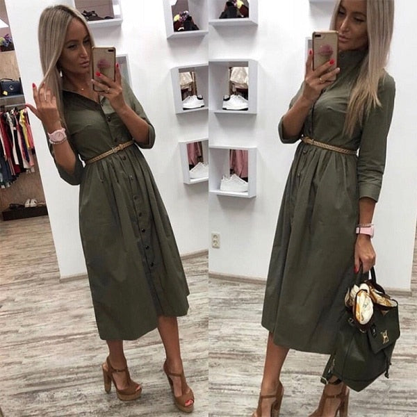 Women Autumn Casual Sashes Button A-Line Dress Office Lady Seven Sleeve Elegant Party Dress Vintage Women Mid Length Dress YL21