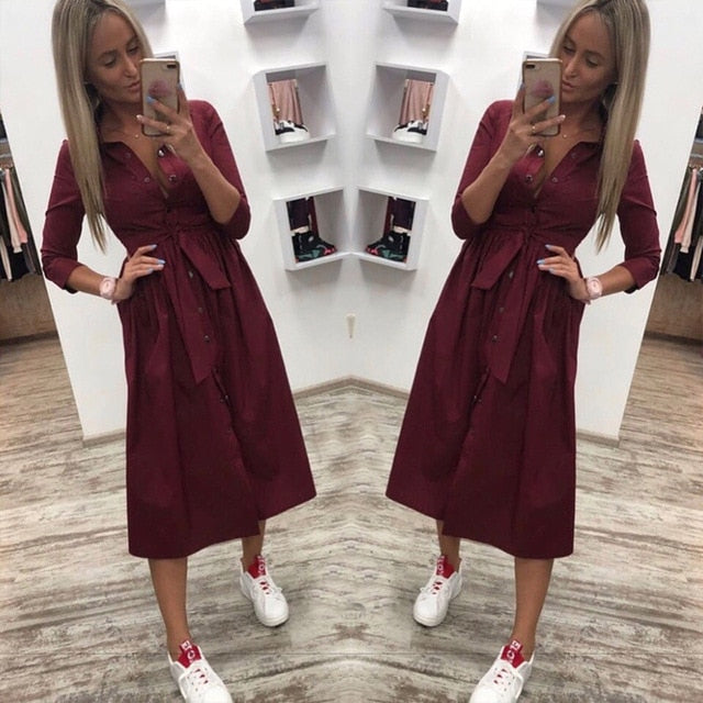 Women Autumn Casual Sashes Button A-Line Dress Office Lady Seven Sleeve Elegant Party Dress Vintage Women Mid Length Dress YL21