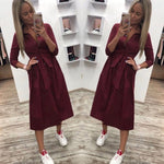 Women Autumn Casual Sashes Button A-Line Dress Office Lady Seven Sleeve Elegant Party Dress Vintage Women Mid Length Dress YL21