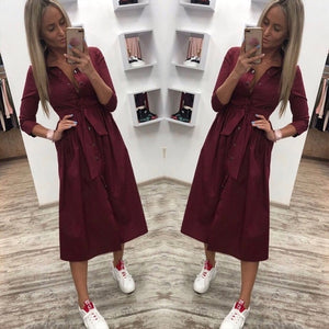 Women Autumn Casual Sashes Button A-Line Dress Office Lady Seven Sleeve Elegant Party Dress Vintage Women Mid Length Dress YL21