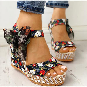 Women Sandals Dot Bowknot Design Platform Wedge Female Casual High Increas Shoes Ladies Fashion Ankle Strap Open Toe Sandals