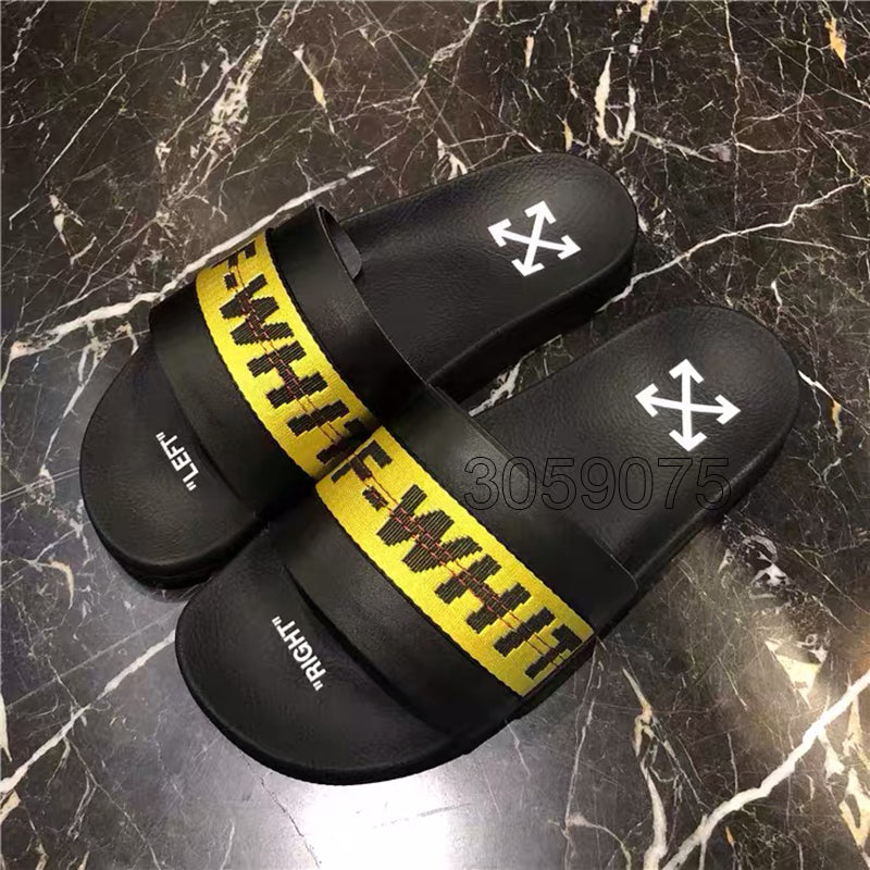 Luxury Off men and women slippers yellow ribbon trend white slides beach shoes summer home couple slippers White Slides loafers