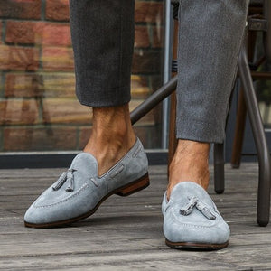 New Fashion Round Toe Slip on Tassels Man Casual Shoes Cow Suede Leather Handmade Loafers Comfortable Men's Driving Flats NHS105