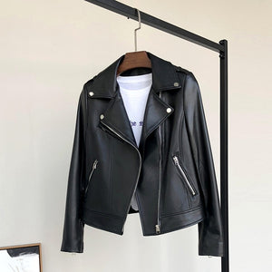 Nerazzurri Black leather biker jacket women long sleeve leather jacket women Soft moto jacket Motorcycle faux leather tops women