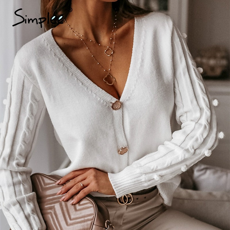 Simplee Sexy v-neck knitted women cardigan Casual solid white long sleeve sweater cardigan Elegant autumn ladies sweater tops