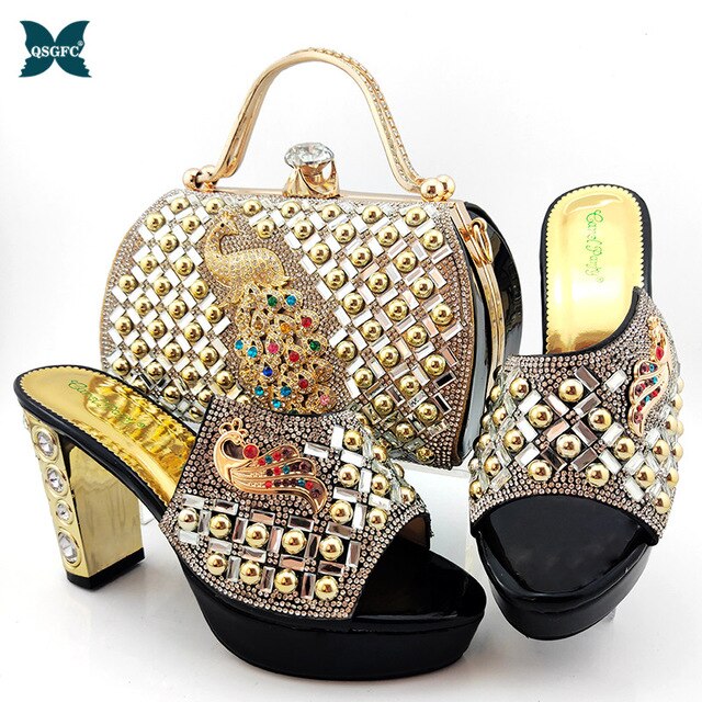 African Women New Arrivals Shoes and Bag to Match in Green Color Mature Style with Shinning Crystal Sandals for Wedding Party