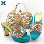 African Women New Arrivals Shoes and Bag to Match in Green Color Mature Style with Shinning Crystal Sandals for Wedding Party