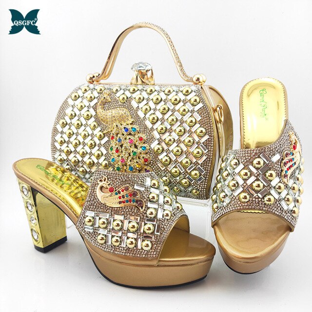 African Women New Arrivals Shoes and Bag to Match in Green Color Mature Style with Shinning Crystal Sandals for Wedding Party