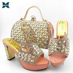 African Women New Arrivals Shoes and Bag to Match in Green Color Mature Style with Shinning Crystal Sandals for Wedding Party