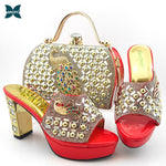 African Women New Arrivals Shoes and Bag to Match in Green Color Mature Style with Shinning Crystal Sandals for Wedding Party